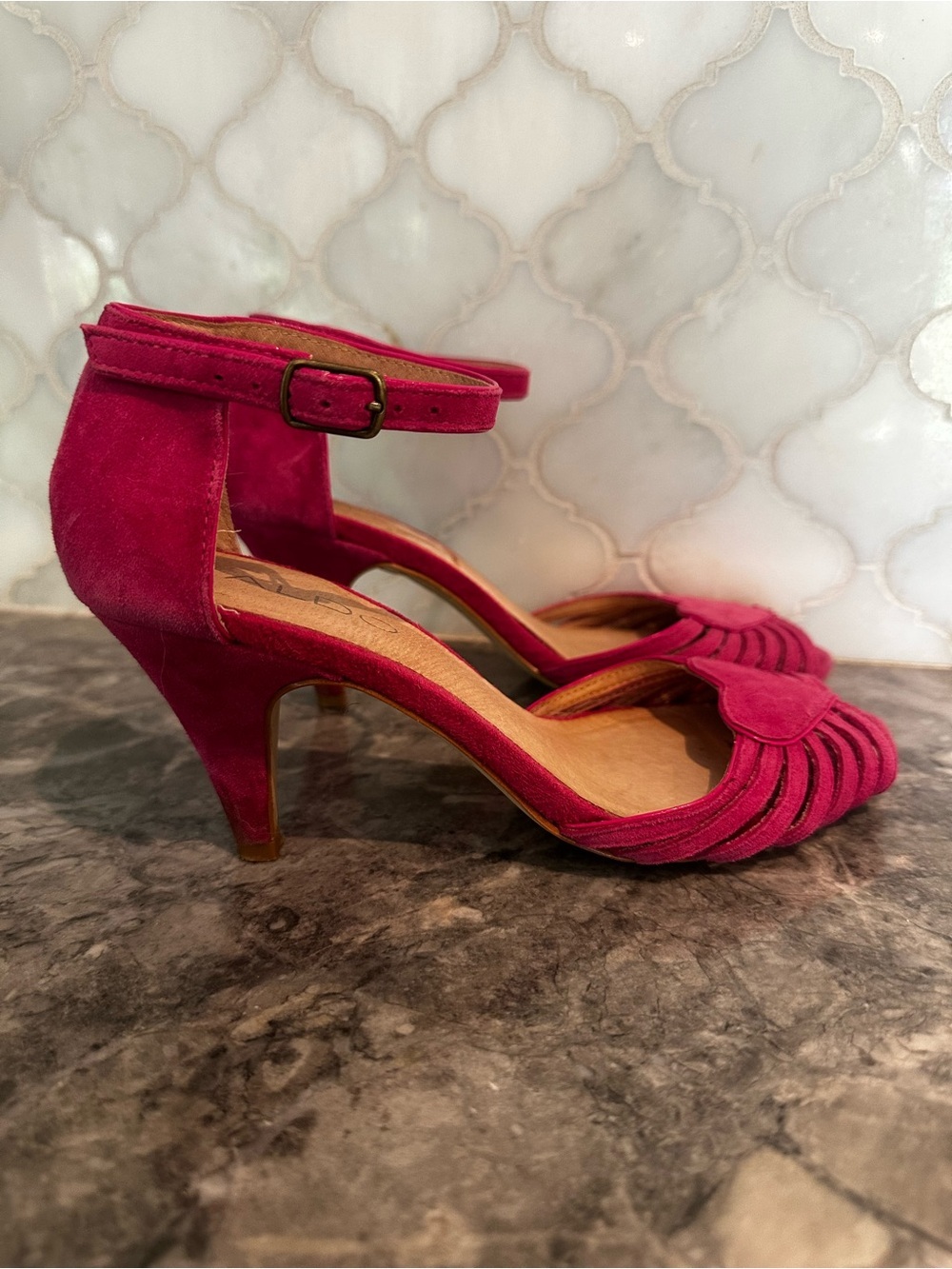 ALDO Fuchsia Suede Ankle-Strap Heels with Heart Accent - Picture 6 of 13